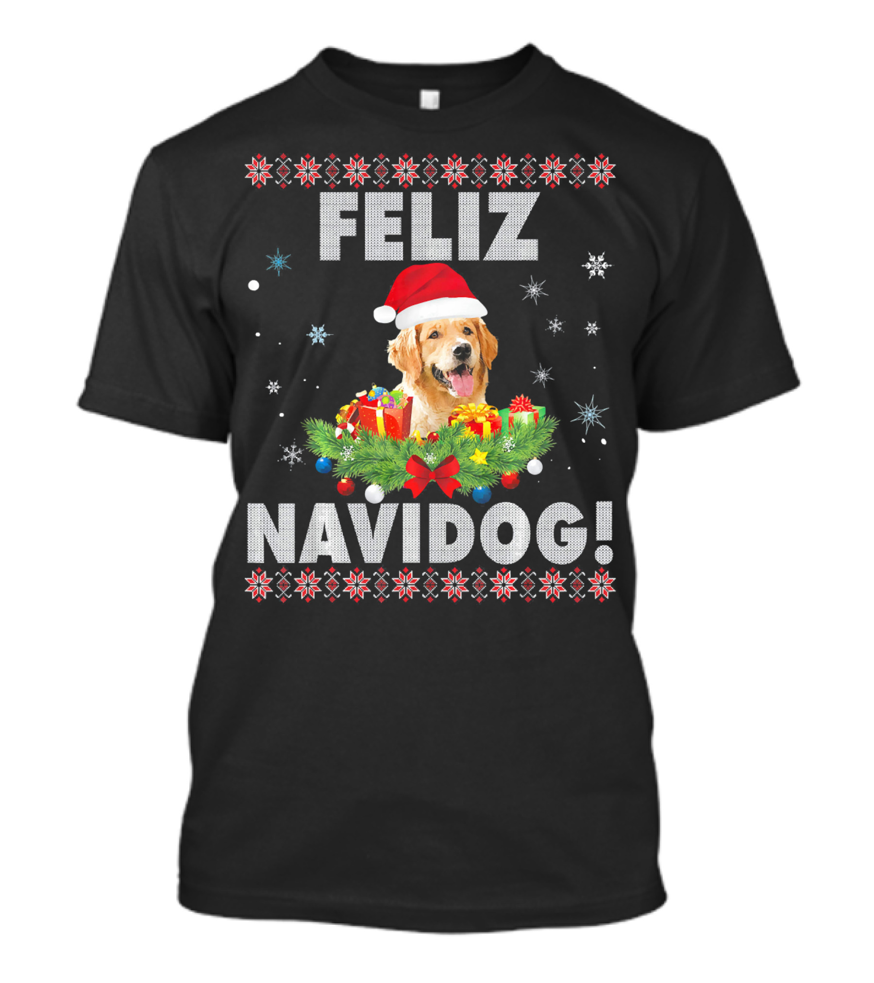 Feliz Navidog Golden Retriever Dog Christmas Santa Hat Holiday Wreath Snowflakes T-Shirt