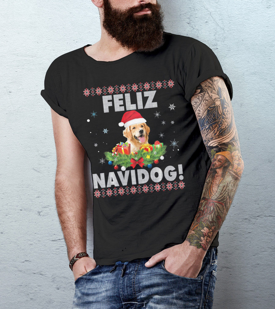 Feliz Navidog Golden Retriever Dog Christmas Santa Hat Holiday Wreath Snowflakes T-Shirt
