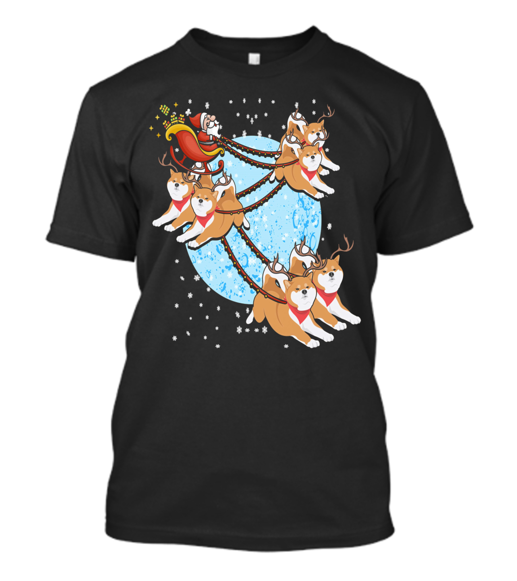 Funny Santa Claus Sleigh With Akita Reindeer On Moonlit Night T-Shirt