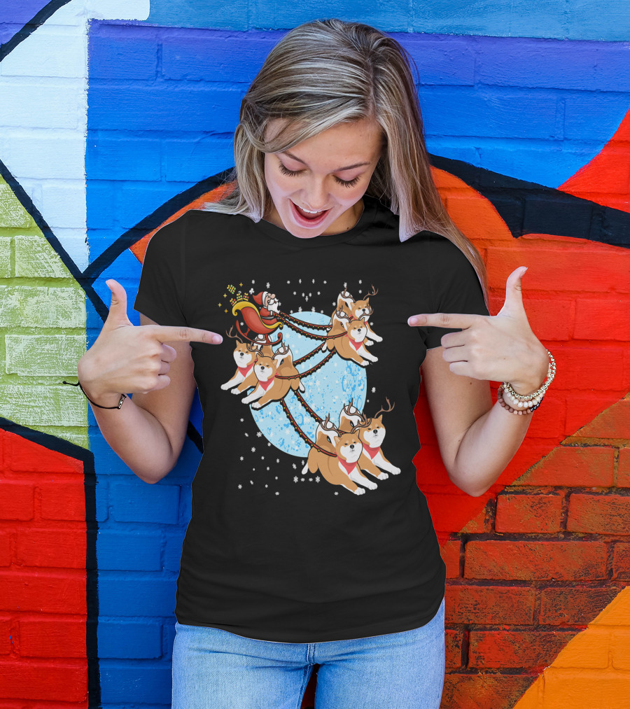 Funny Santa Claus Sleigh With Akita Reindeer On Moonlit Night T-Shirt