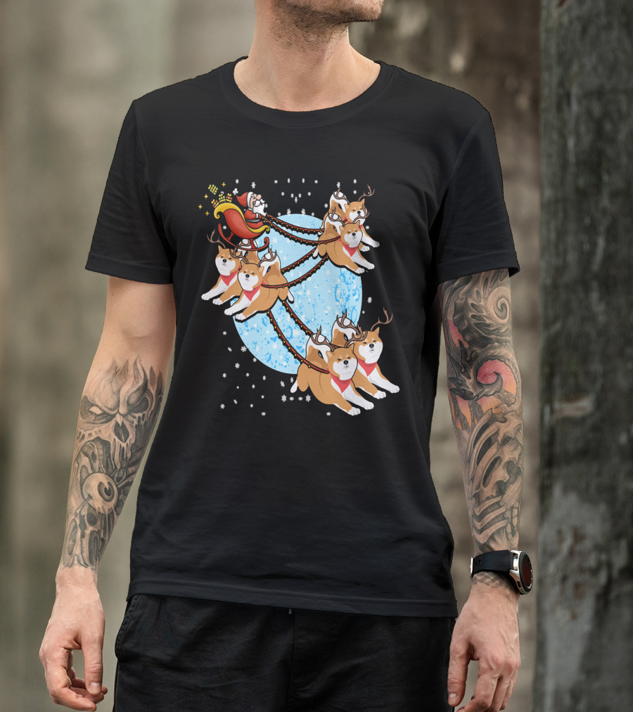 Funny Santa Claus Sleigh With Akita Reindeer On Moonlit Night T-Shirt