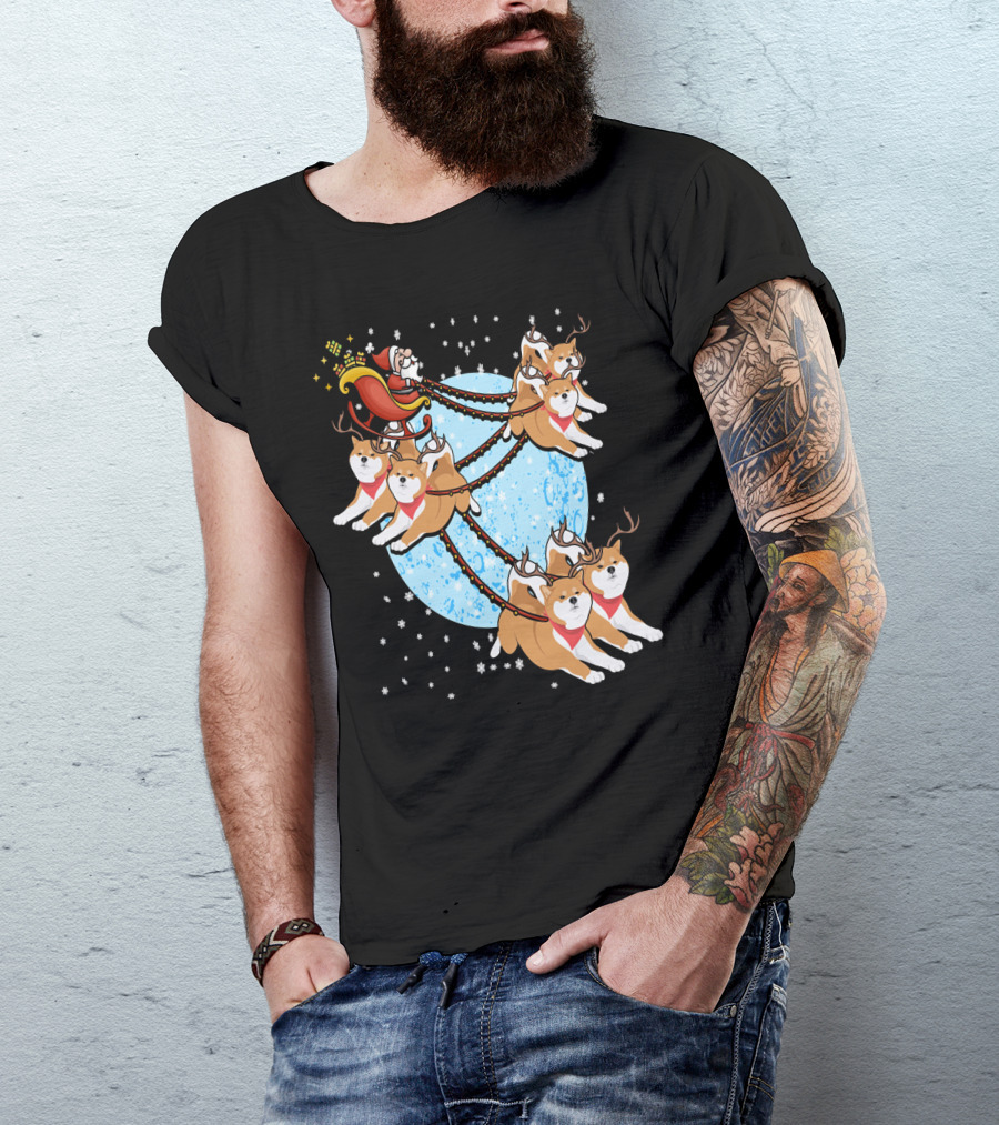 Funny Santa Claus Sleigh With Akita Reindeer On Moonlit Night T-Shirt
