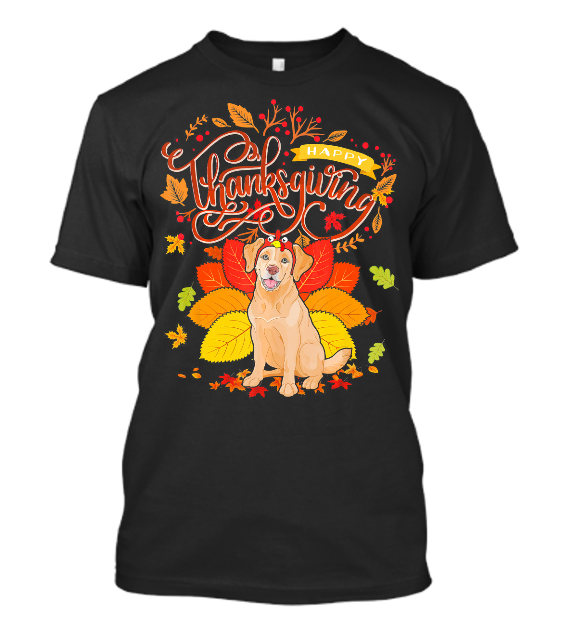 Happy Thanksgiving Golden Retriever Wearing Turkey Hat With Fall Leaves T-Shirt