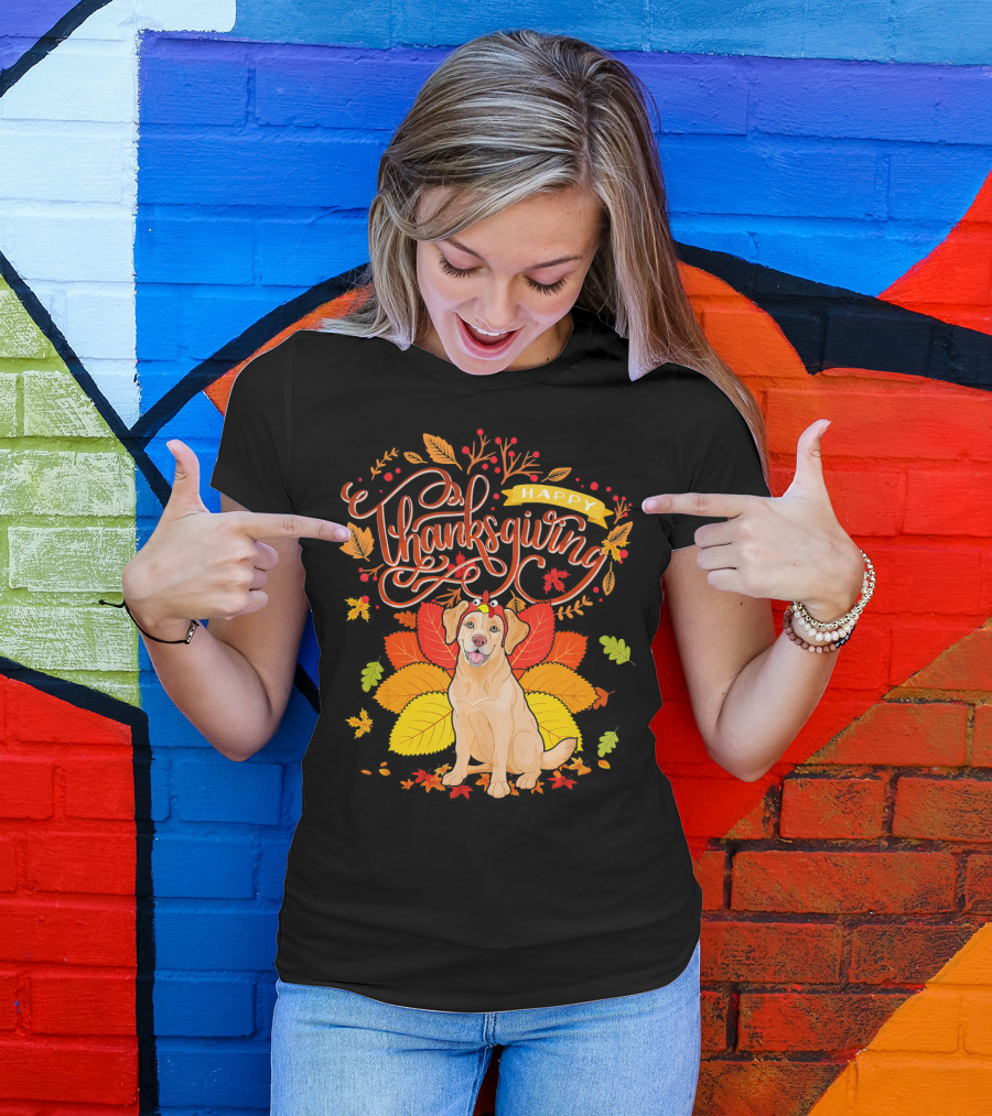 Happy Thanksgiving Golden Retriever Wearing Turkey Hat With Fall Leaves T-Shirt