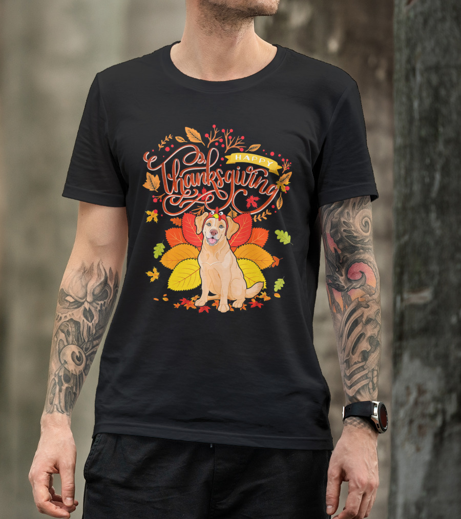Happy Thanksgiving Golden Retriever Wearing Turkey Hat With Fall Leaves T-Shirt