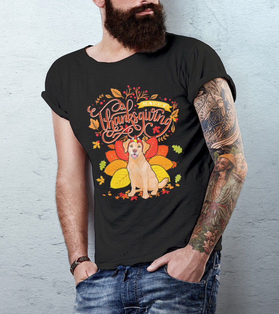 Happy Thanksgiving Golden Retriever Wearing Turkey Hat With Fall Leaves T-Shirt