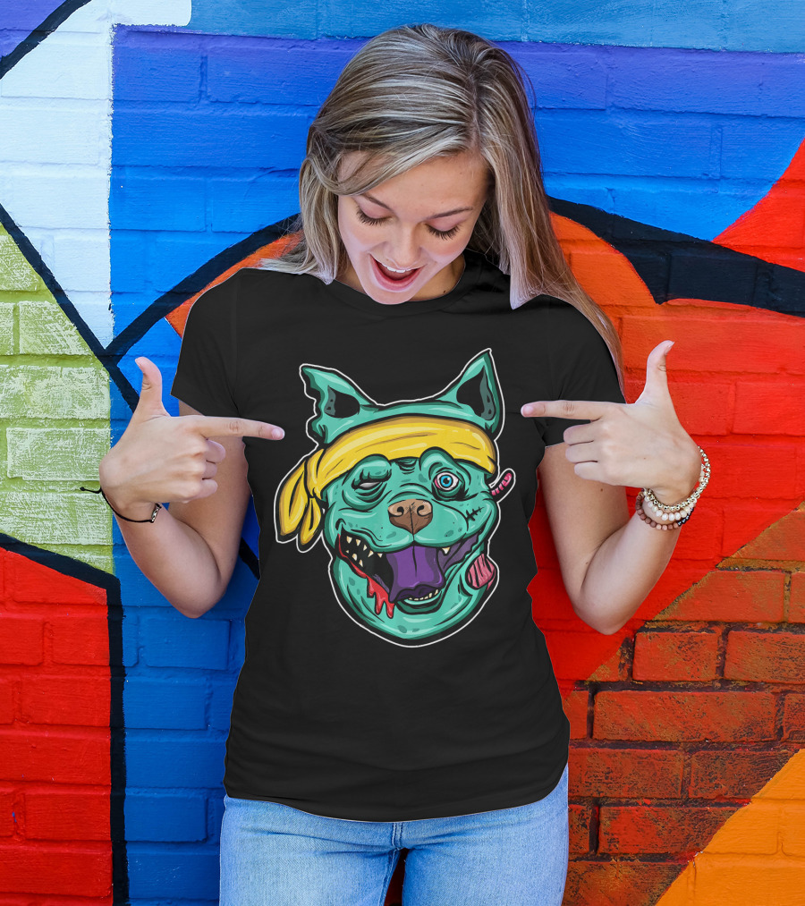 Funny Pit Bull Zombie Head With Yellow Bandana And Purple Tongue T-Shirt
