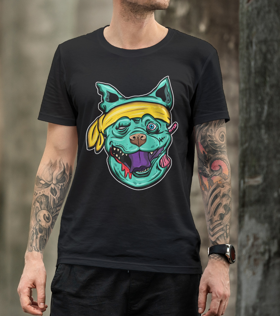 Funny Pit Bull Zombie Head With Yellow Bandana And Purple Tongue T-Shirt