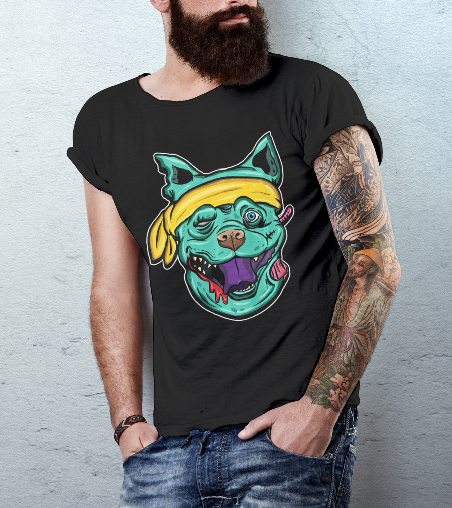 Funny Pit Bull Zombie Head With Yellow Bandana And Purple Tongue T-Shirt