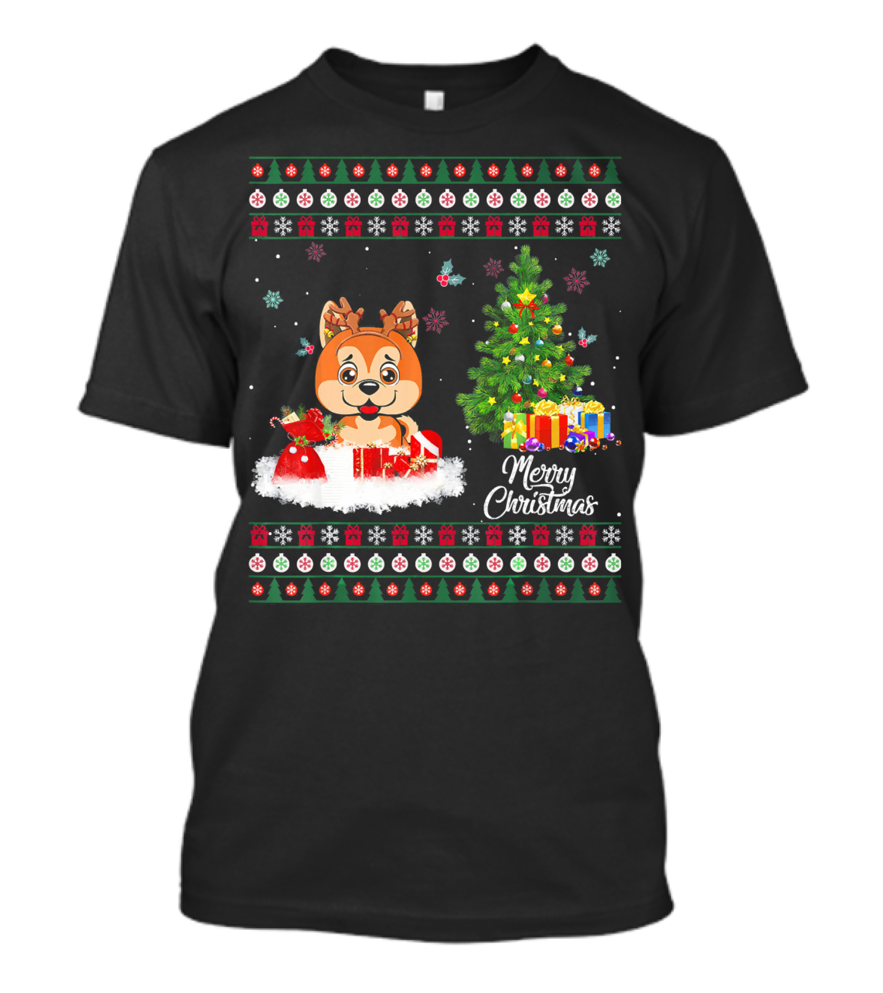 Merry Christmas Akita Funny Reindeer Moon Santa With Tree And Presents T-Shirt