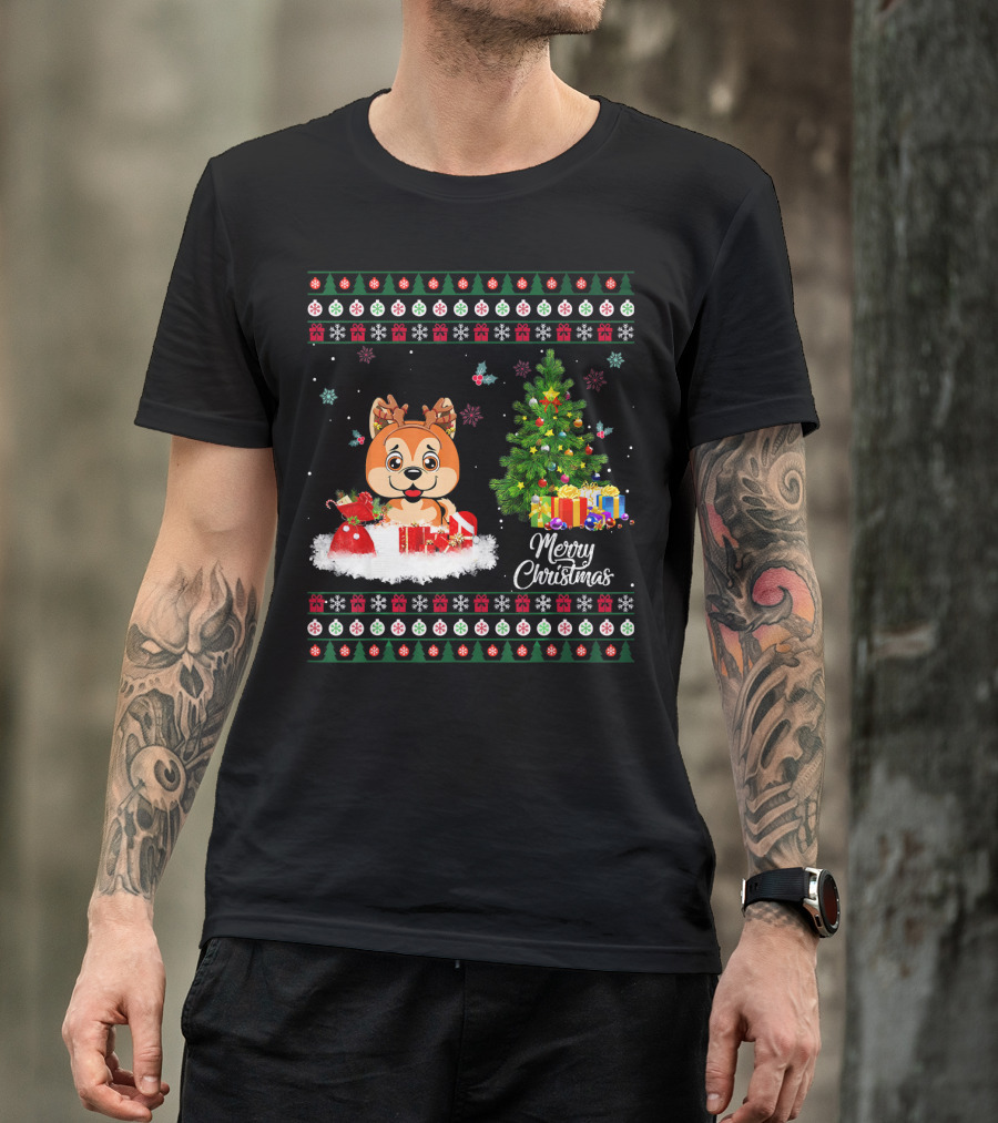 Merry Christmas Akita Funny Reindeer Moon Santa With Tree And Presents T-Shirt
