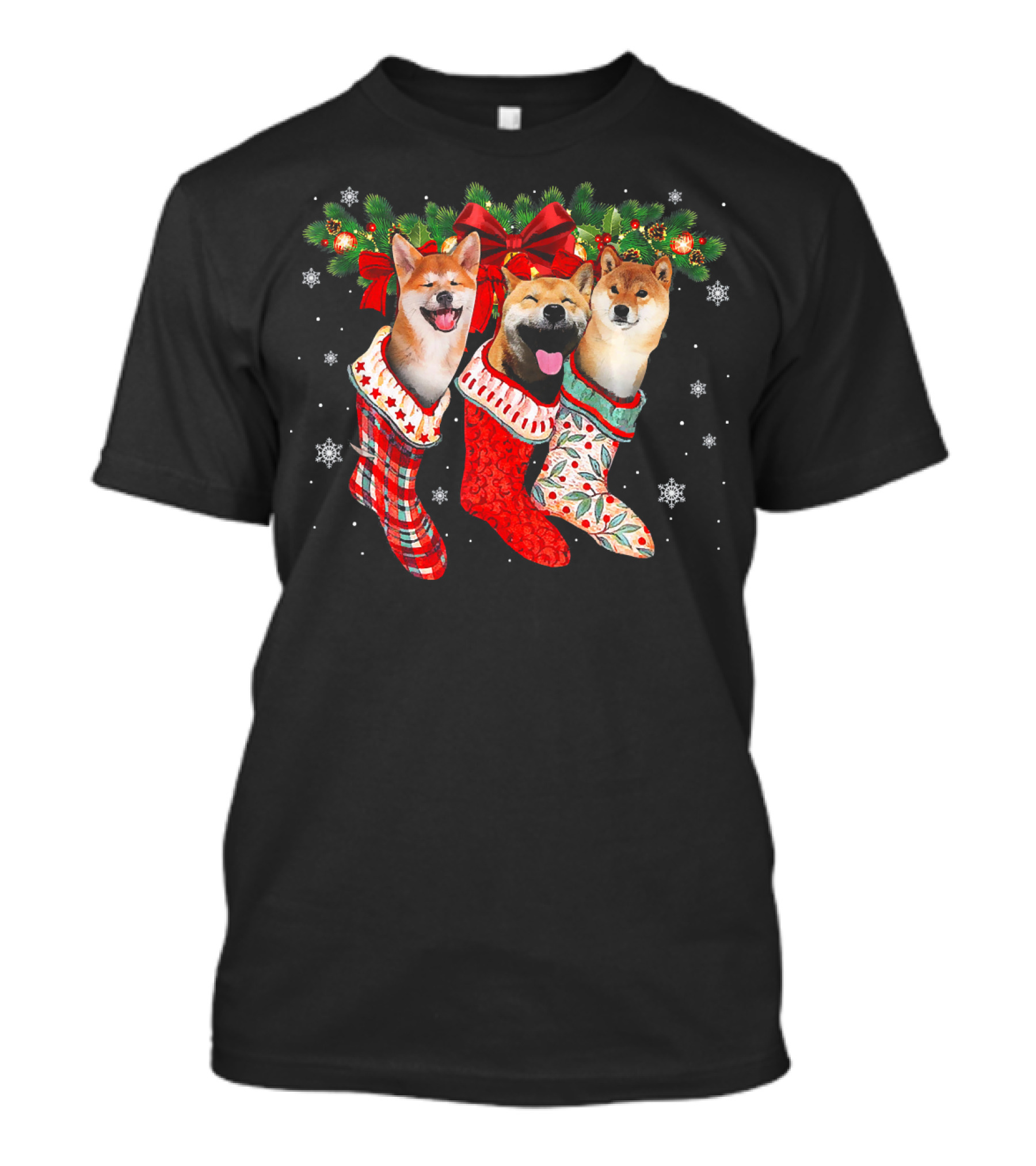 Akita Dogs In Christmas Stockings With Snowflakes And Bows T-Shirt