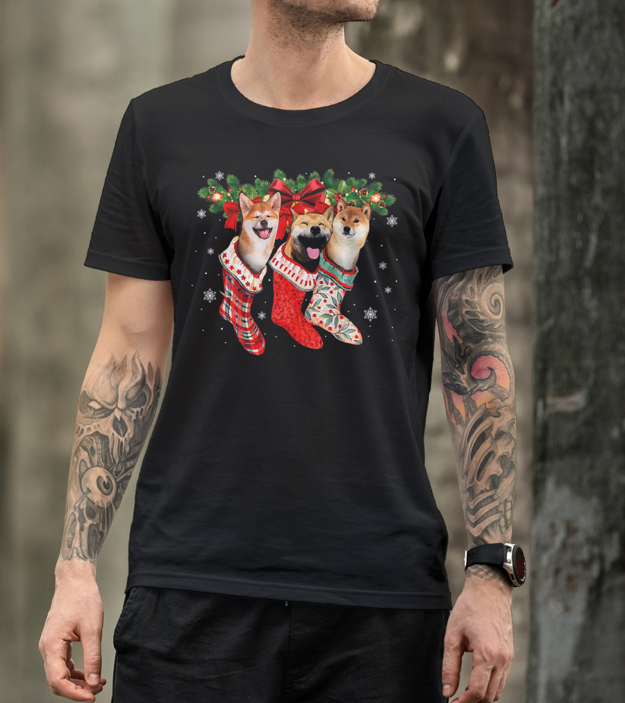 Akita Dogs In Christmas Stockings With Snowflakes And Bows T-Shirt