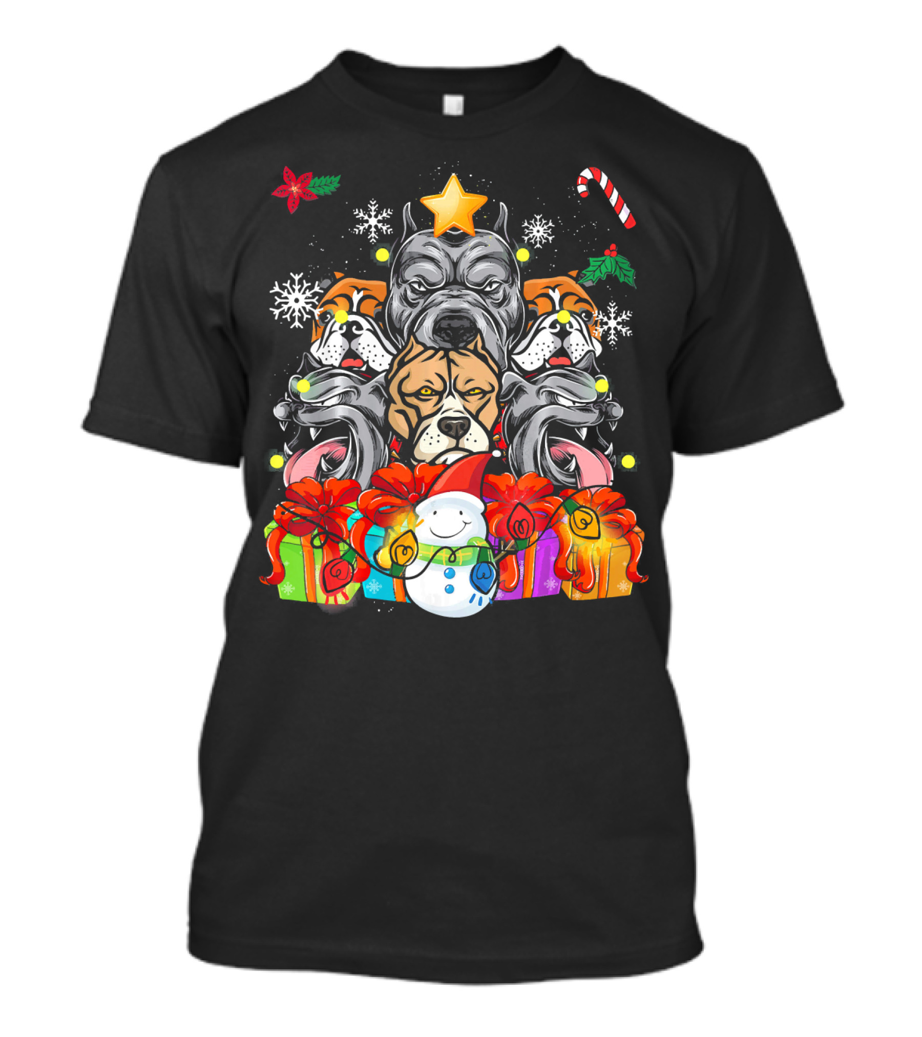 Pit Bull Christmas Tree Dogs With Presents And Snowman T-Shirt