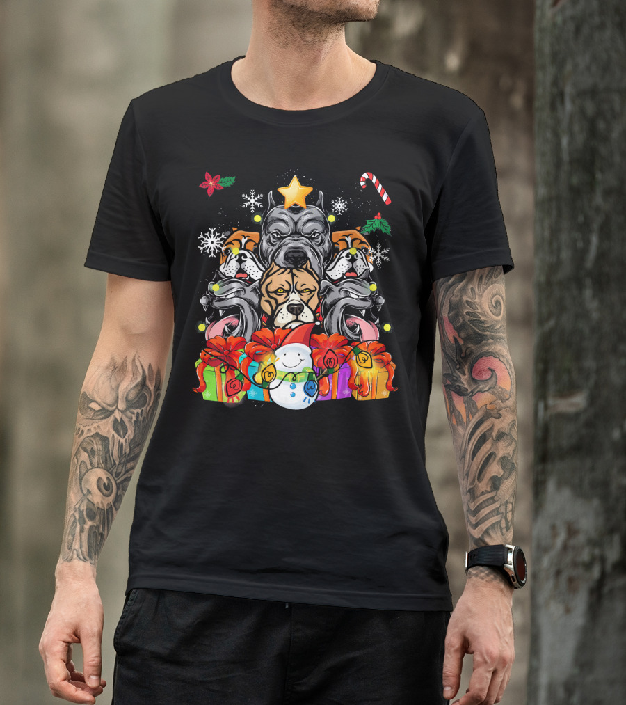 Pit Bull Christmas Tree Dogs With Presents And Snowman T-Shirt