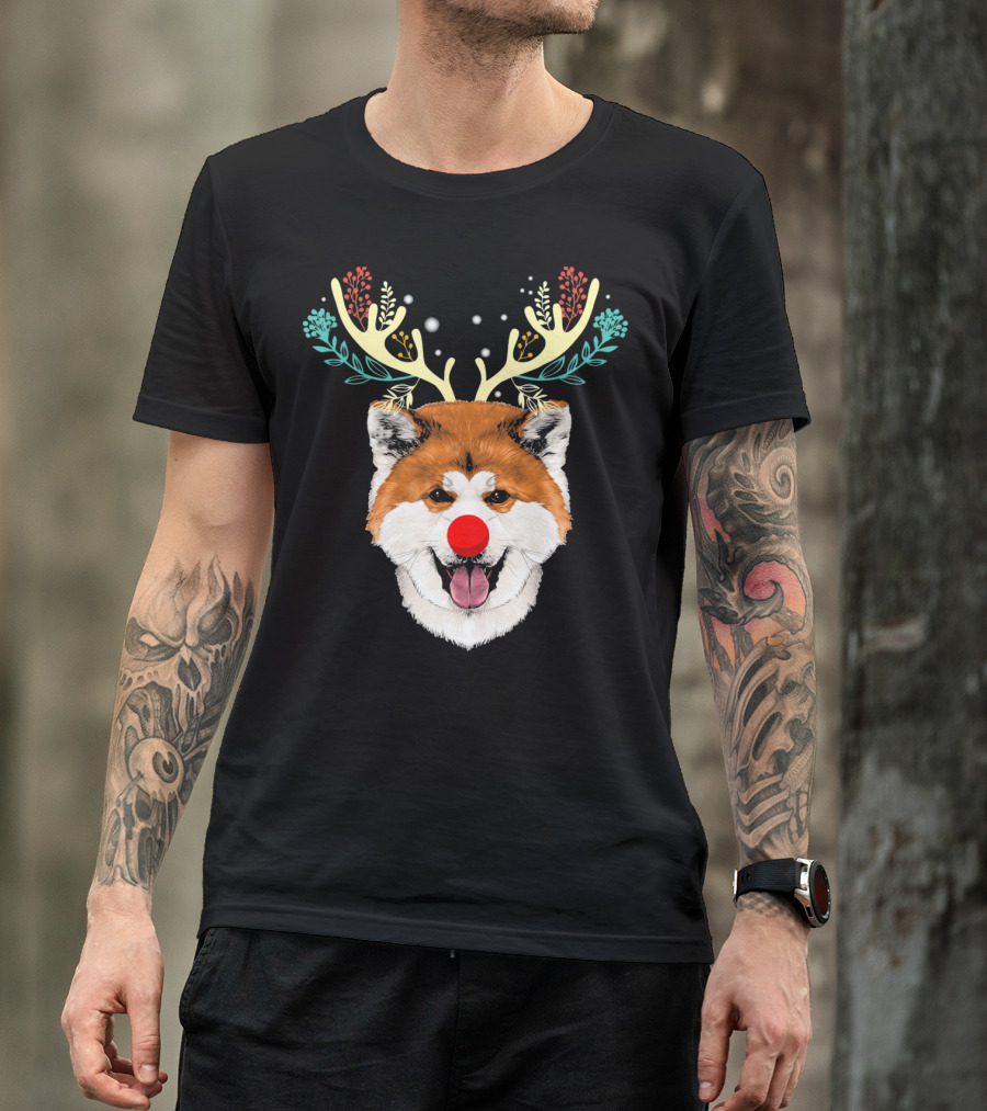 Akita Dog With Reindeer Antlers And Red Nose Christmas Costume T-Shirt