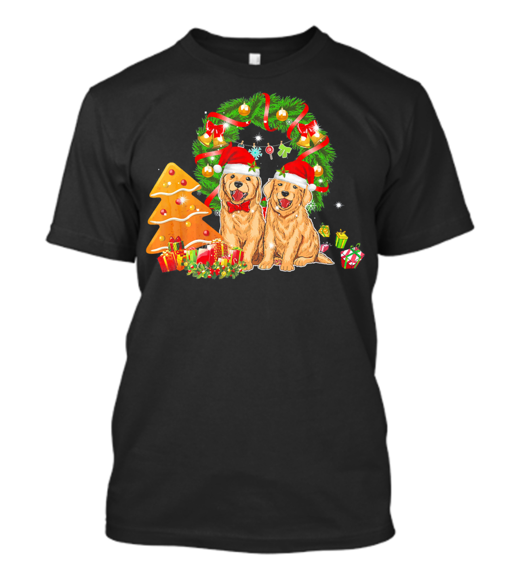 Christmas Golden Retriever Santa Wreath Cookie Presents T-Shirt