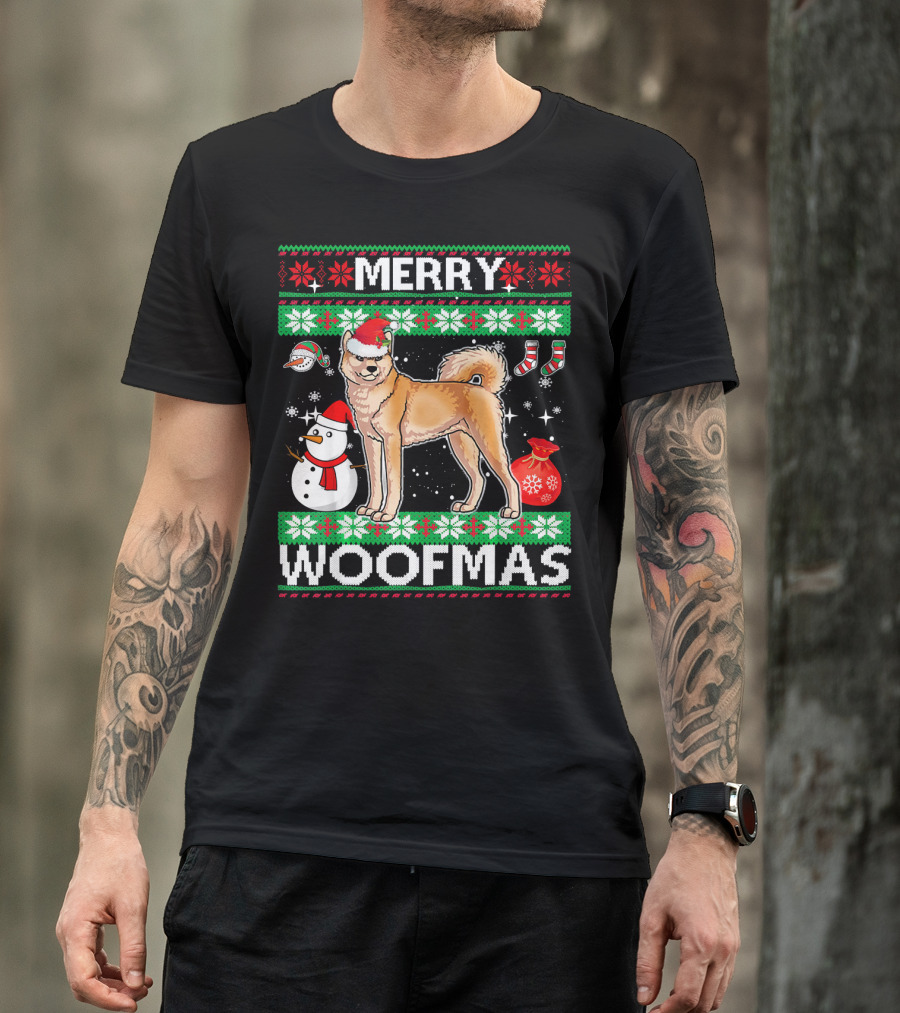 Merry Woofmas Akita Dog Santa Hat Snowman Christmas Socks Stars T-Shirt