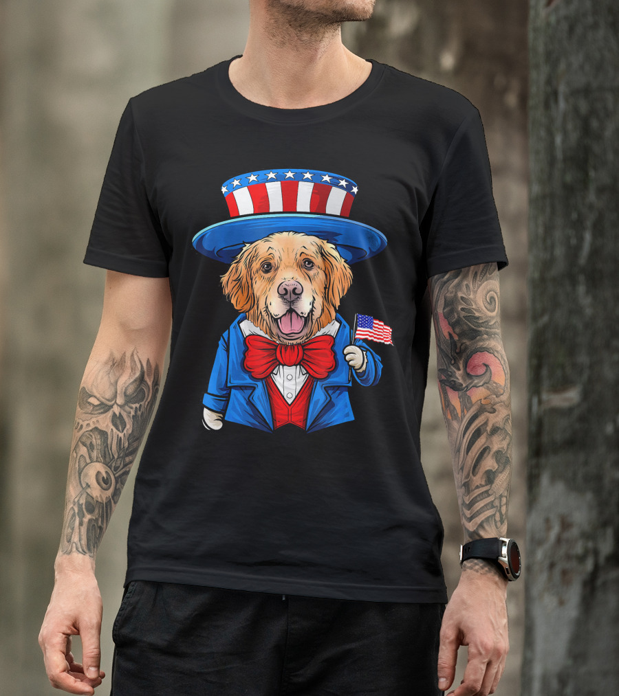 Funny Golden Retriever 4th Of July Uncle Sam Patriotic Dog Holding American Flag T-Shirt