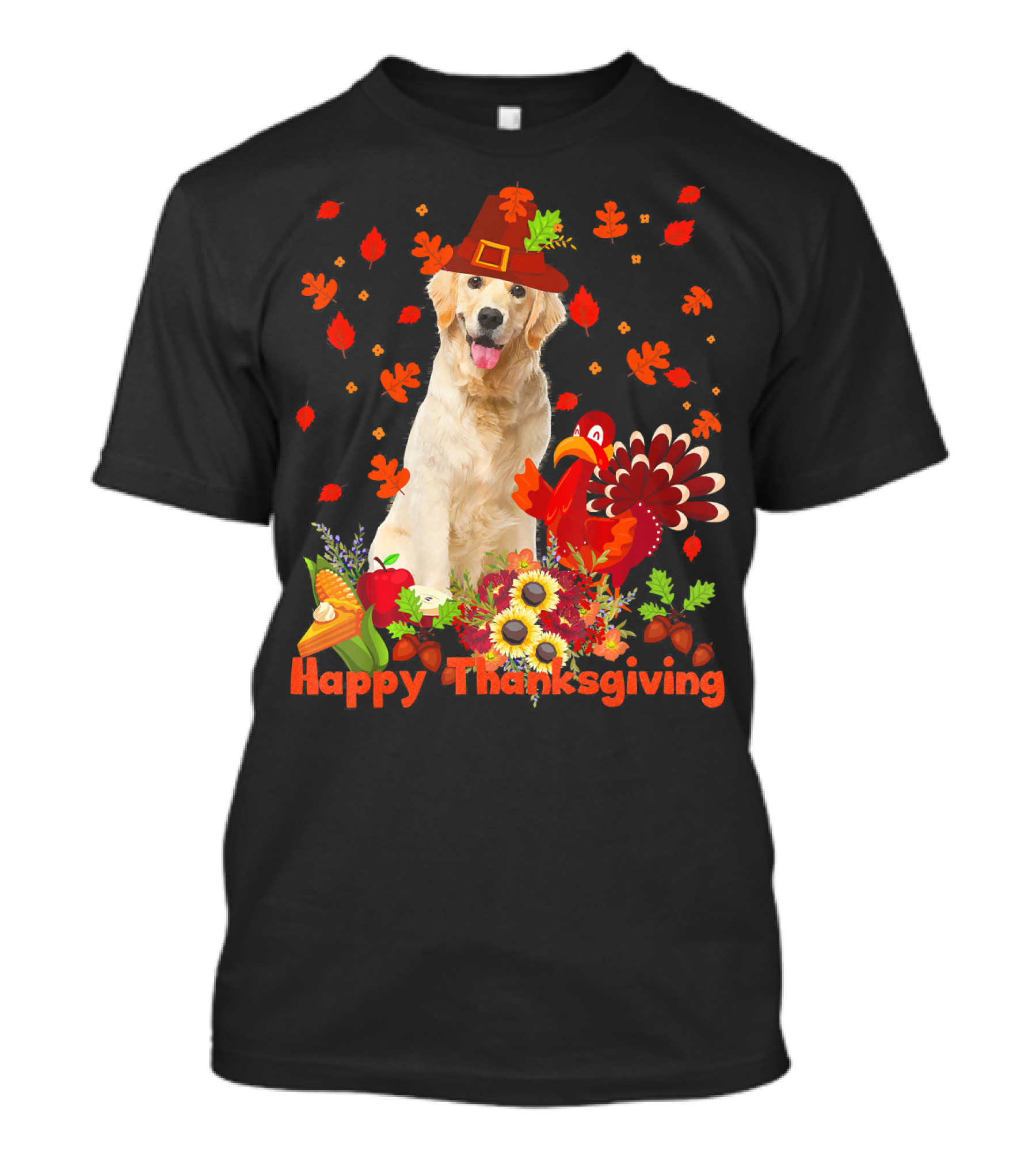 Golden Retriever Happy Thanksgiving Dog With Fall Leaves And Turkey T-Shirt