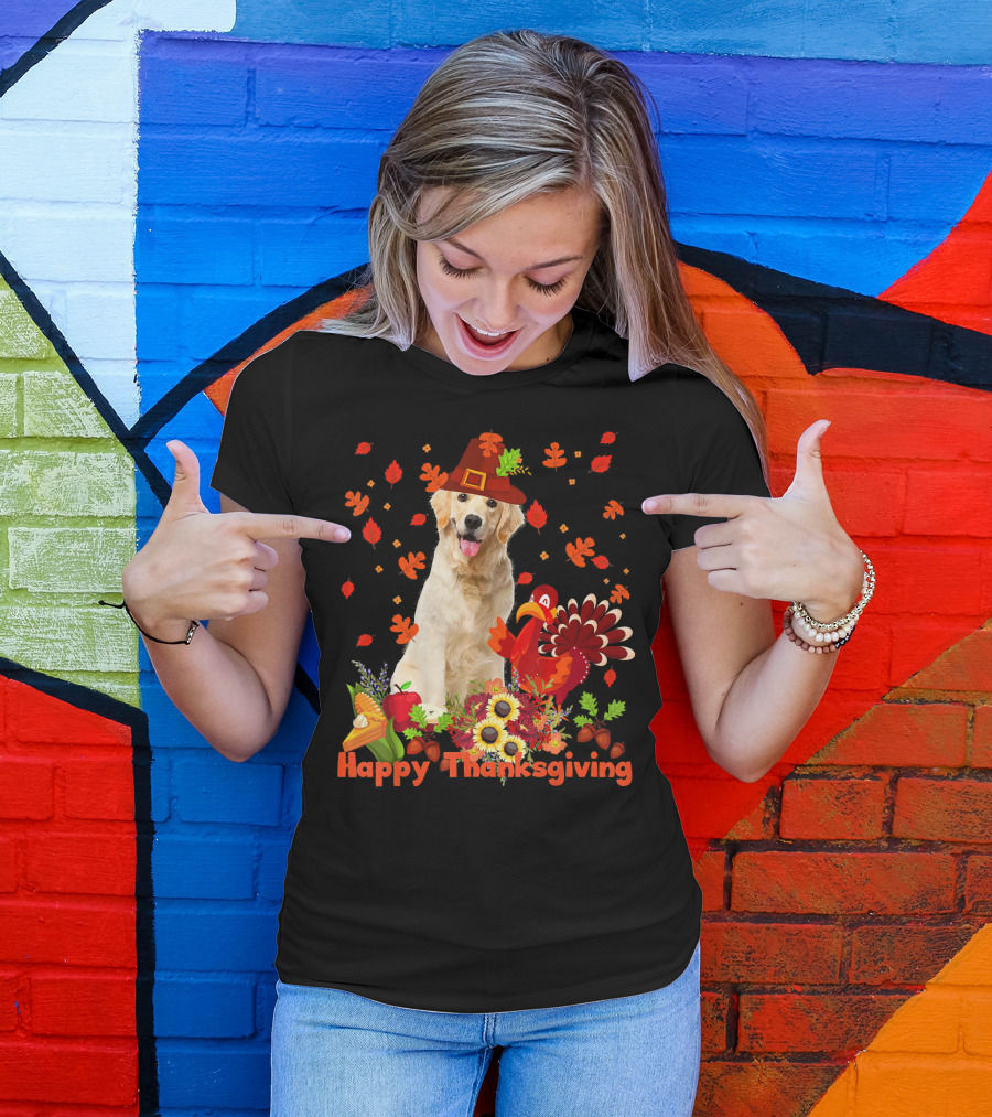 Golden Retriever Happy Thanksgiving Dog With Fall Leaves And Turkey T-Shirt