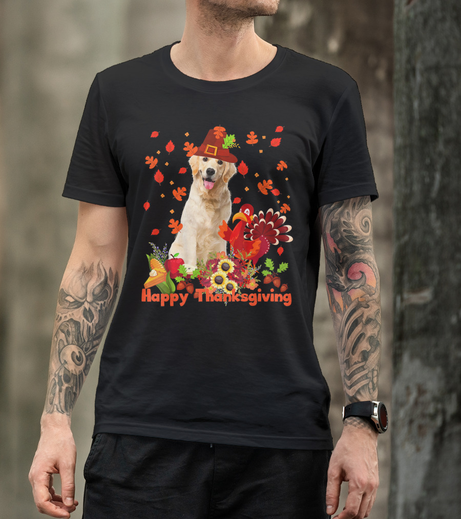 Golden Retriever Happy Thanksgiving Dog With Fall Leaves And Turkey T-Shirt