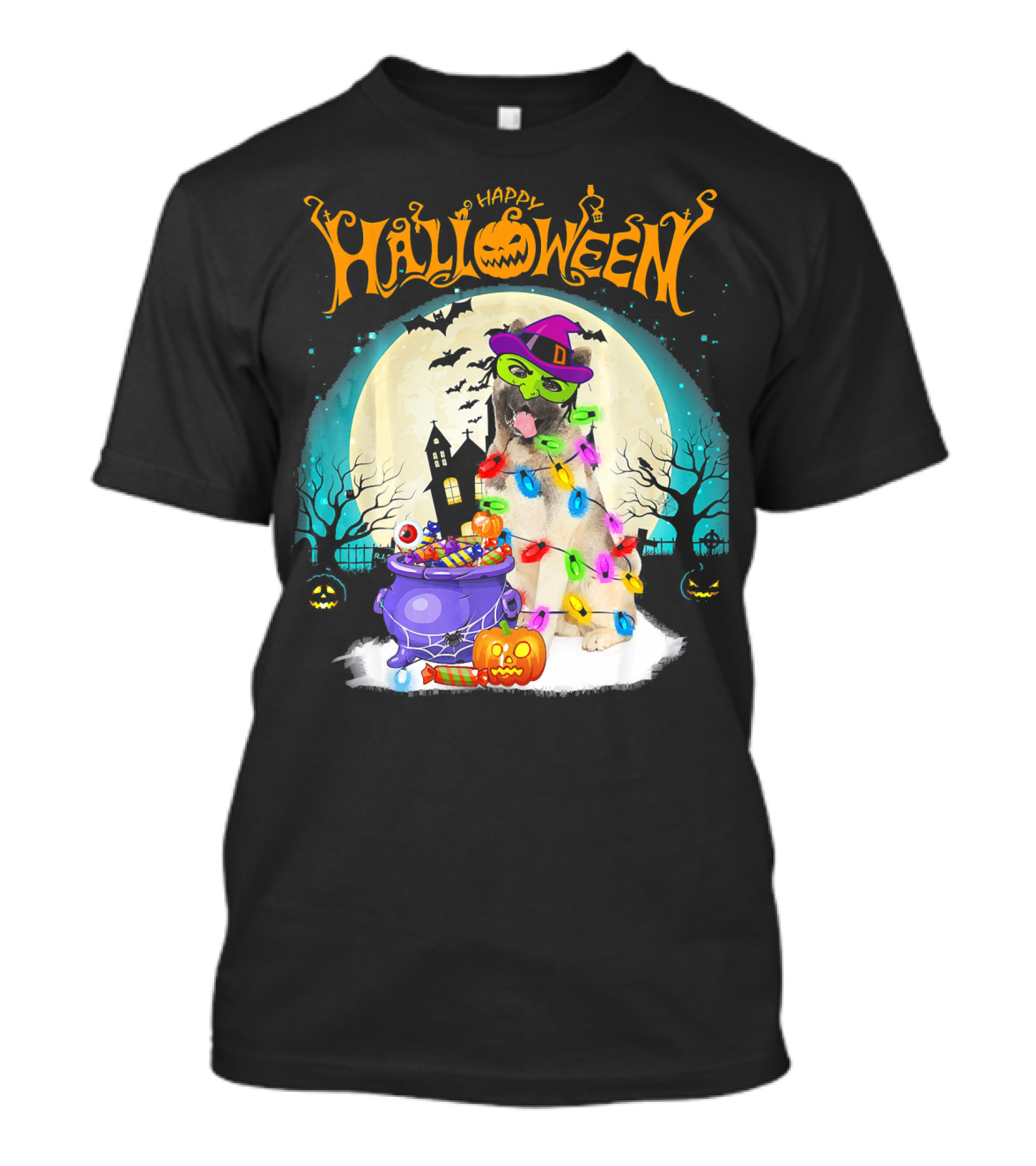 Happy Halloween Akita Witch Dog With Candy And Moonlit Scene T-Shirt
