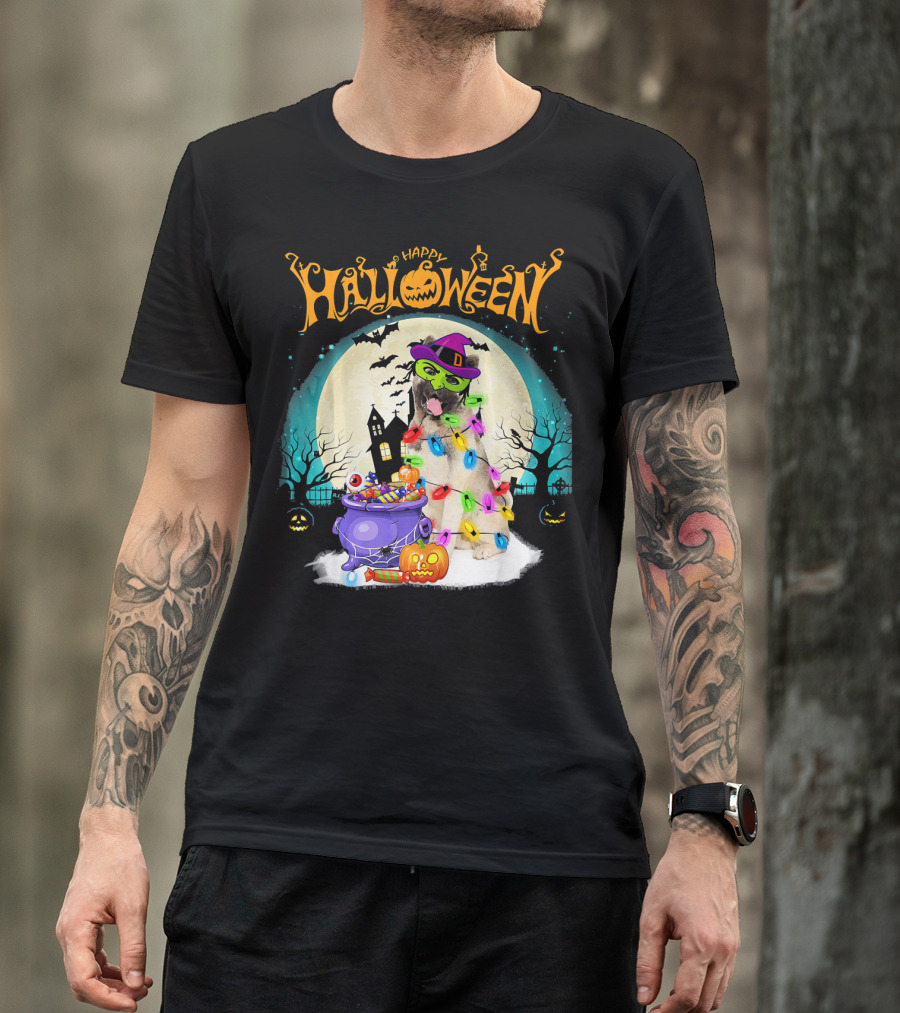 Happy Halloween Akita Witch Dog With Candy And Moonlit Scene T-Shirt