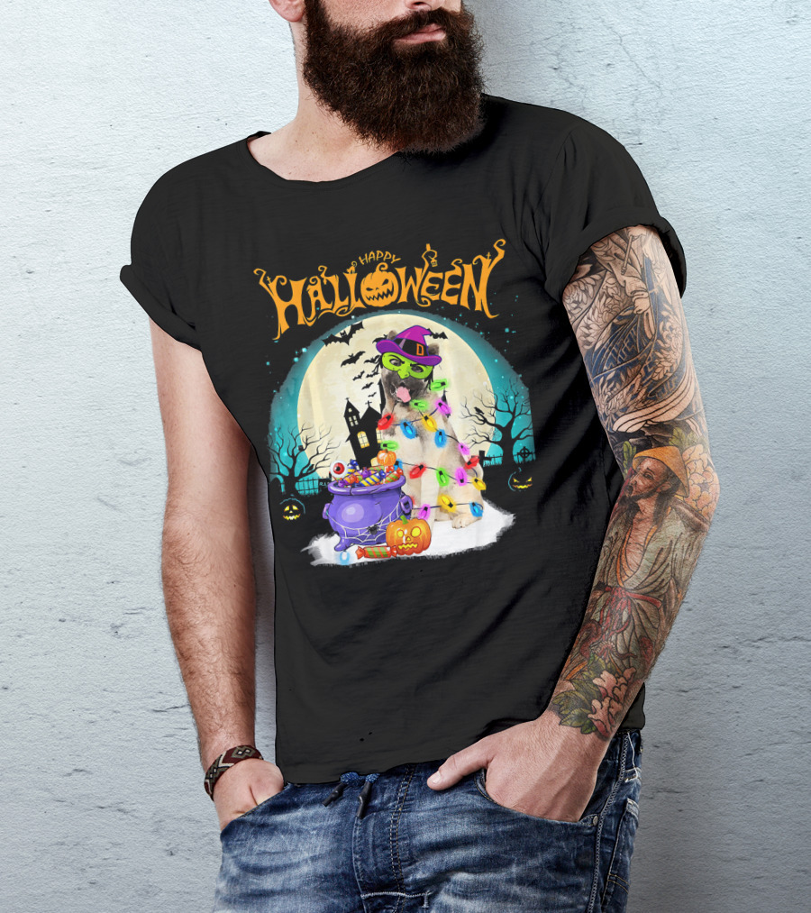 Happy Halloween Akita Witch Dog With Candy And Moonlit Scene T-Shirt