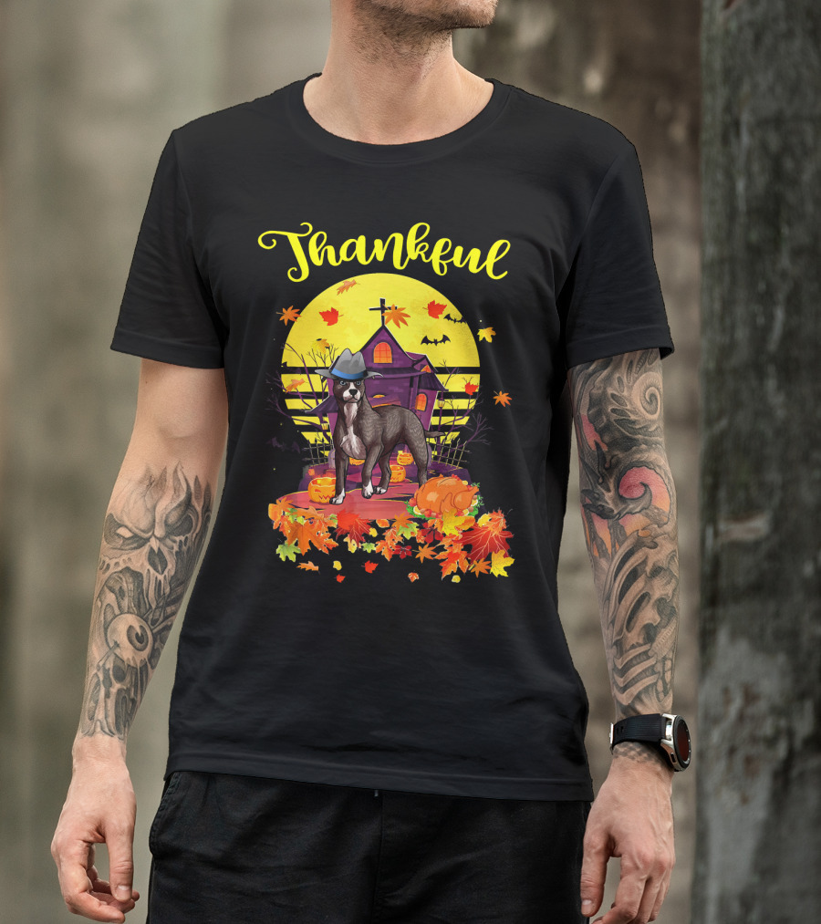 Thankful American Pit Bull Terrier Dog Pilgrim With Pumpkin And Leaves T-Shirt
