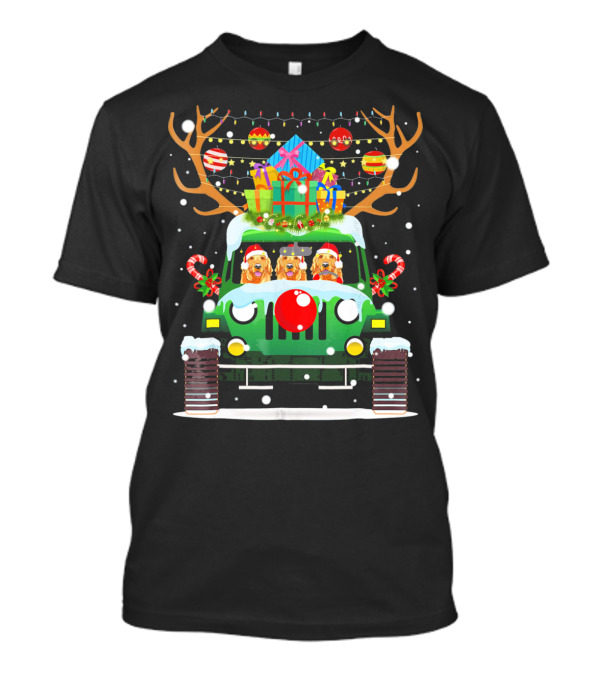 Golden Retriever Santa Driving Jeep With Reindeer Antlers And Christmas Gifts T-Shirt