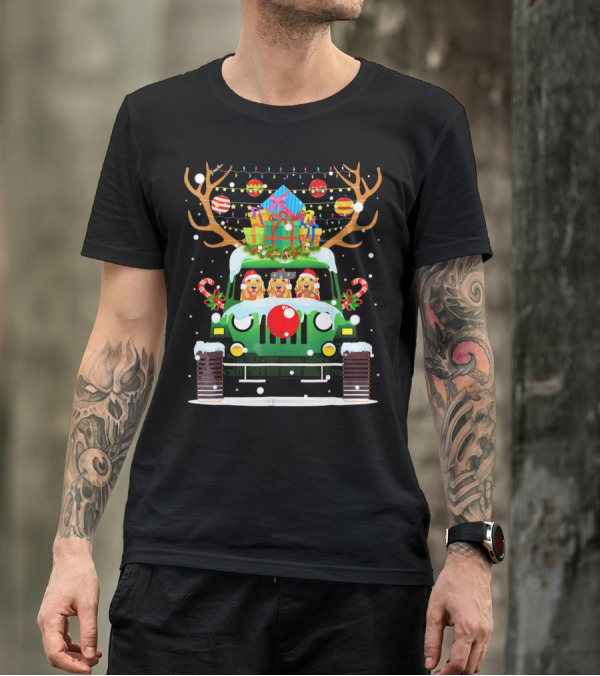 Golden Retriever Santa Driving Jeep With Reindeer Antlers And Christmas Gifts T-Shirt
