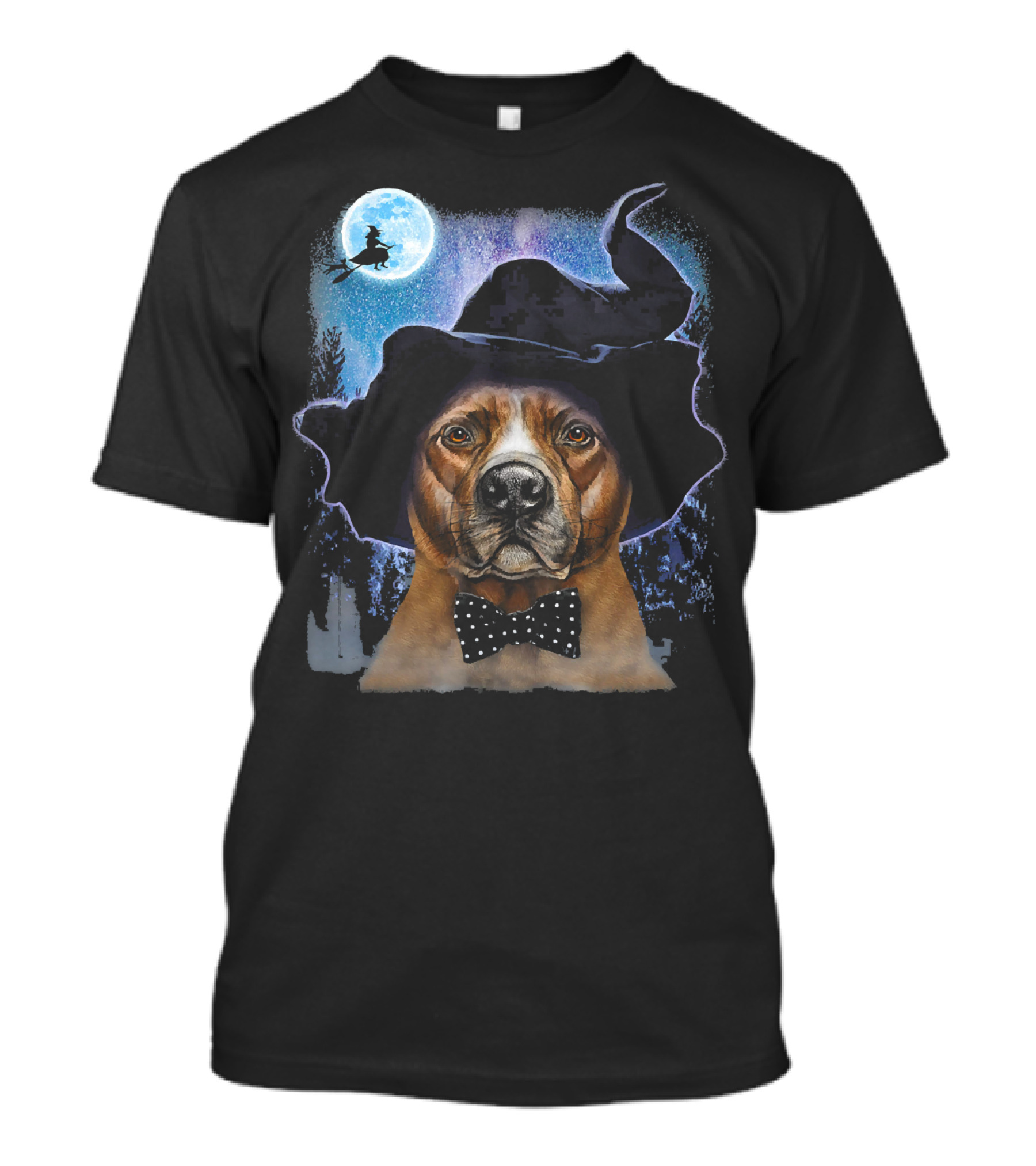 Brown Pit Bull Wearing Witch Hat With Polka Dot Bow Tie And Spooky Moonlit Forest T-Shirt