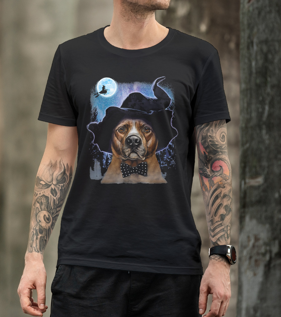 Brown Pit Bull Wearing Witch Hat With Polka Dot Bow Tie And Spooky Moonlit Forest T-Shirt