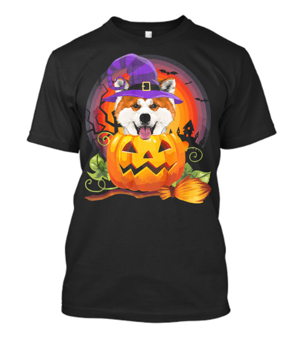 Akita Witch Pumpkin Halloween Dog Love Vintage Broomstick And Bat Scene T-Shirt