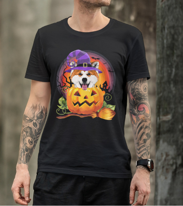 Akita Witch Pumpkin Halloween Dog Love Vintage Broomstick And Bat Scene T-Shirt