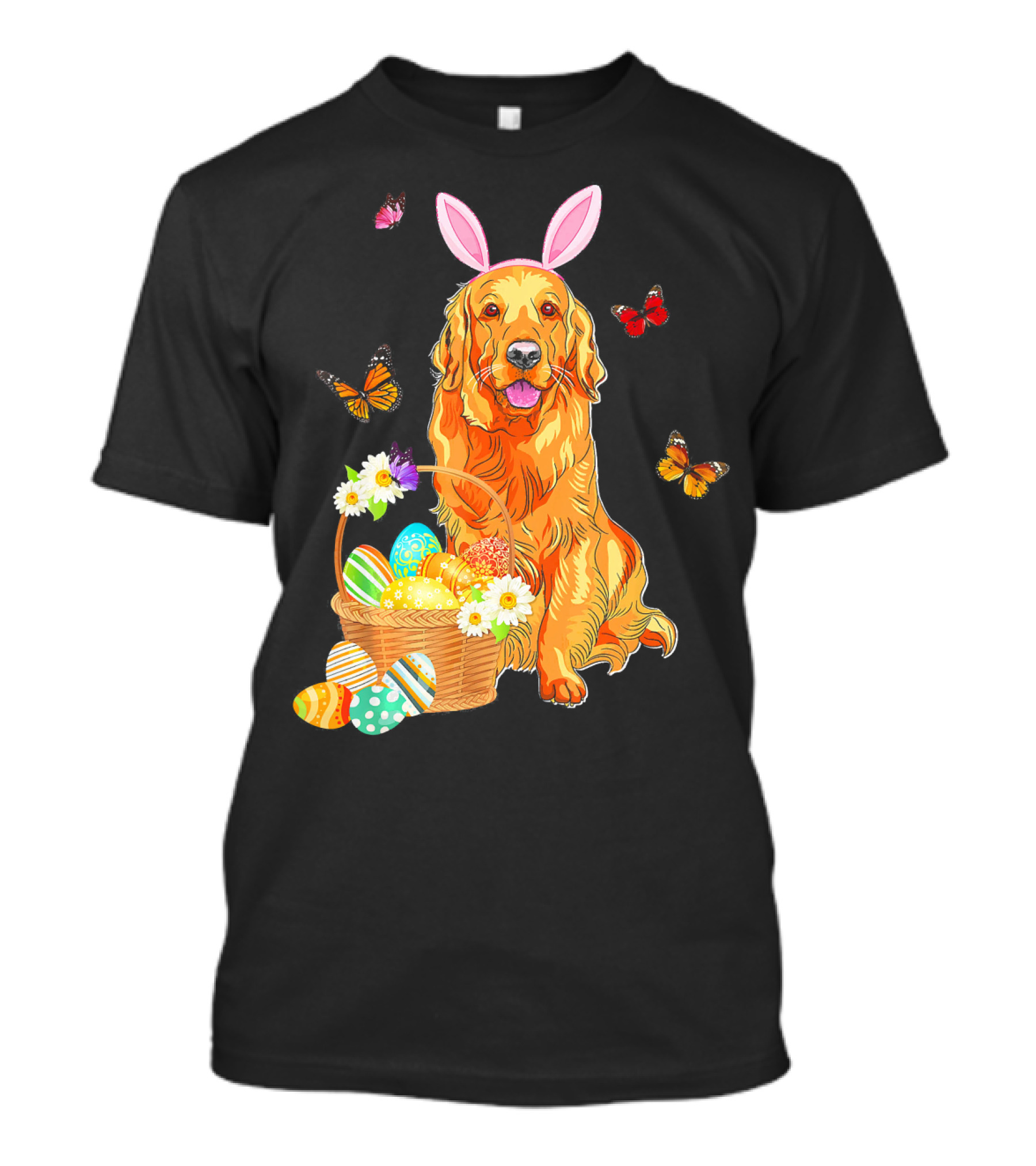 Golden Retriever Bunny Hat Butterflies Easter Basket Eggs T-Shirt
