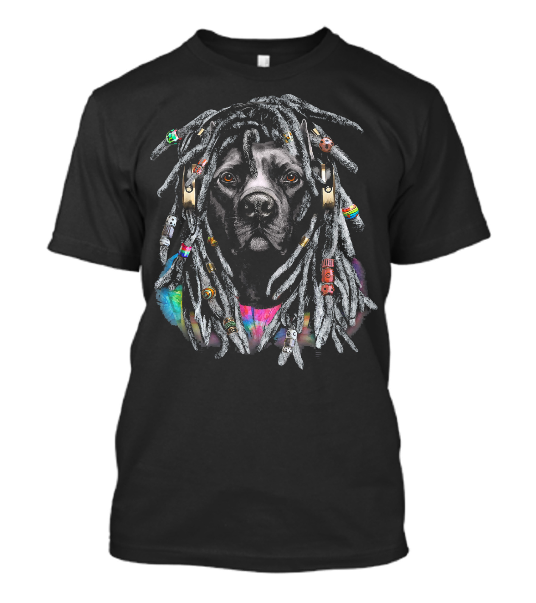 Black Pit Bull Dog With Colorful Dreadlocks And Beads T-Shirt
