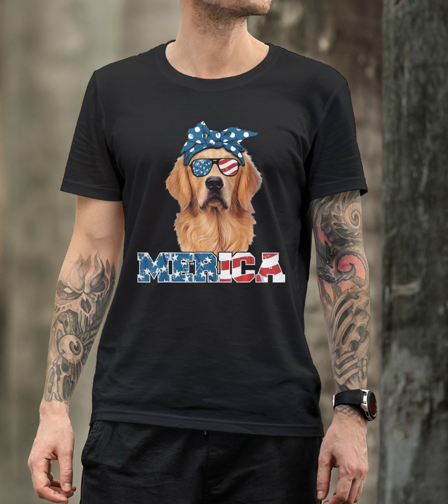 Golden Retriever With American Flag Sunglasses 'Merica T-Shirt