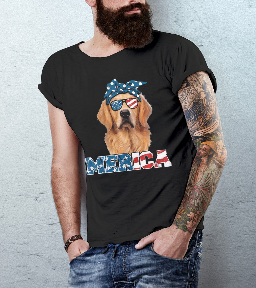 Golden Retriever With American Flag Sunglasses 'Merica T-Shirt