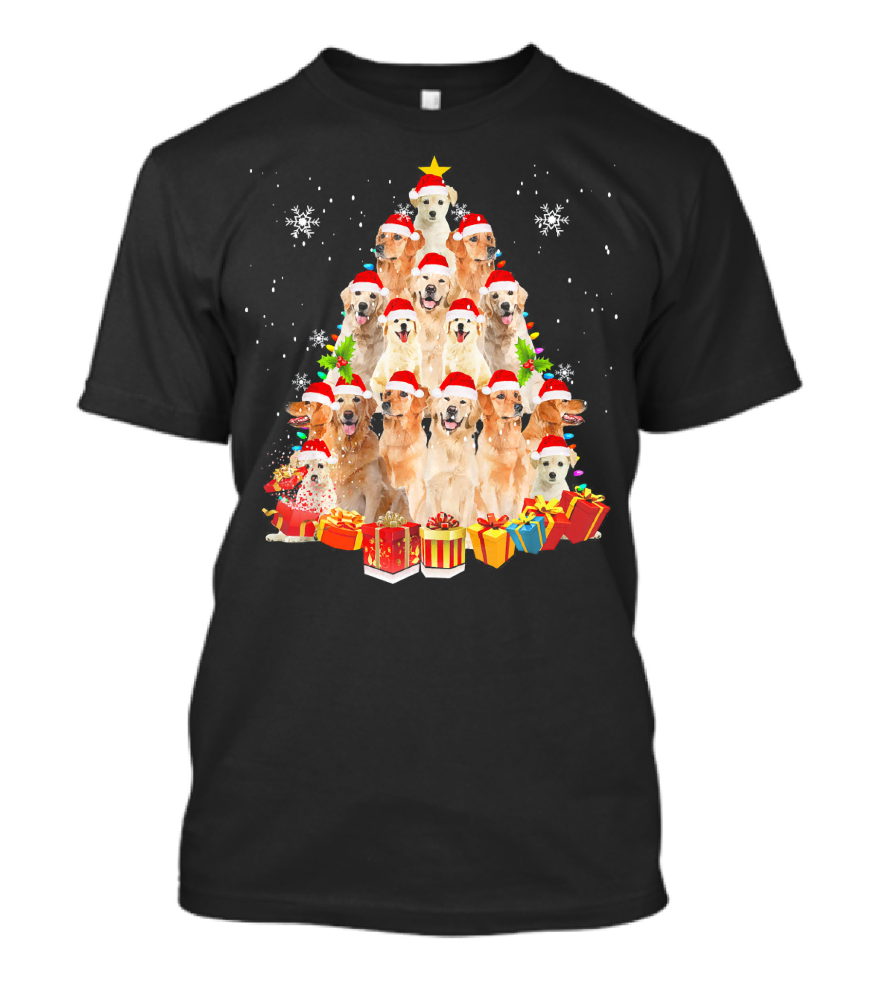 Golden Retriever Christmas Tree Dog Santa Hat Gifts Snowflakes T-Shirt