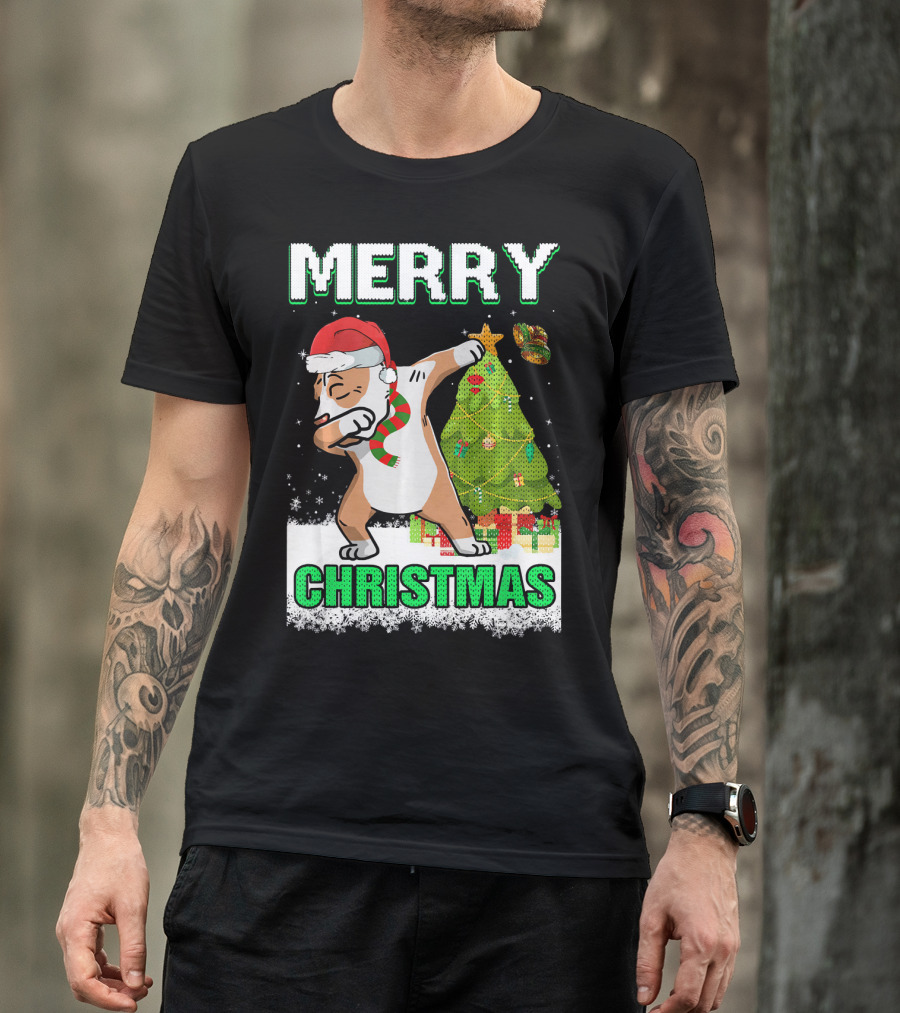 Merry Christmas Cute Pit Bull Claus Dabbing With Tree And Gifts T-Shirt