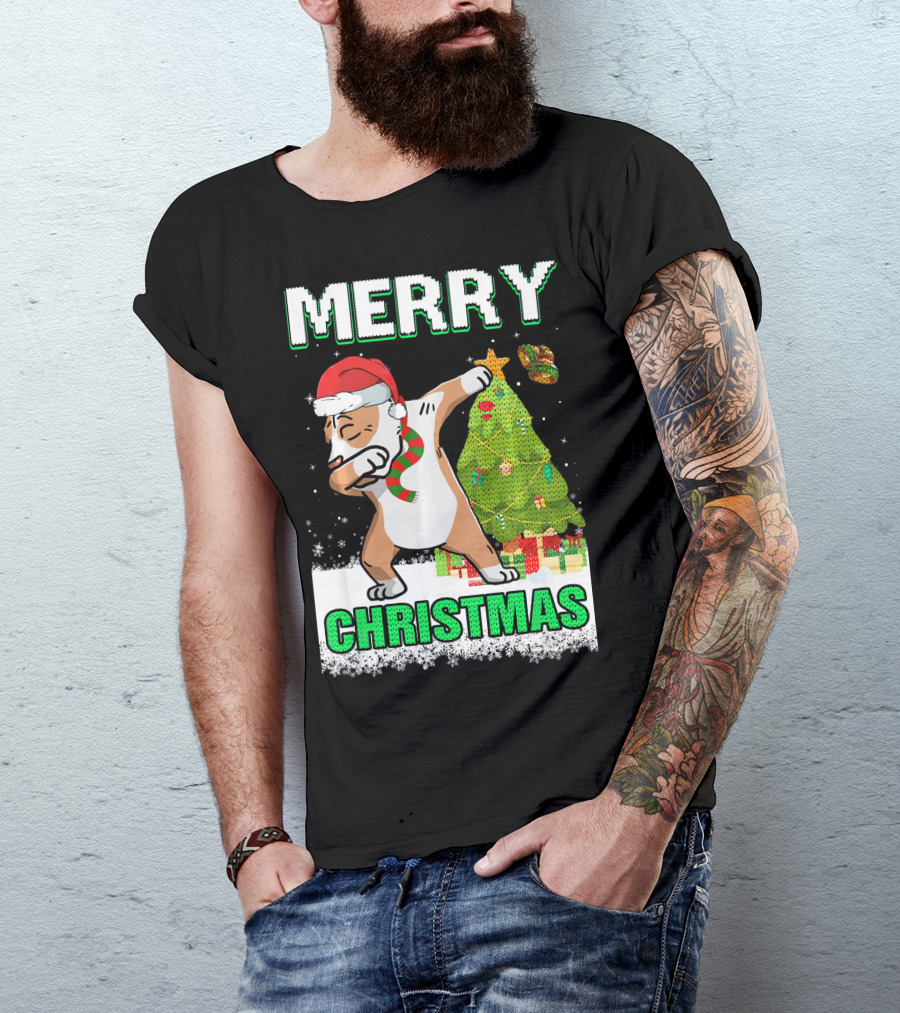 Merry Christmas Cute Pit Bull Claus Dabbing With Tree And Gifts T-Shirt