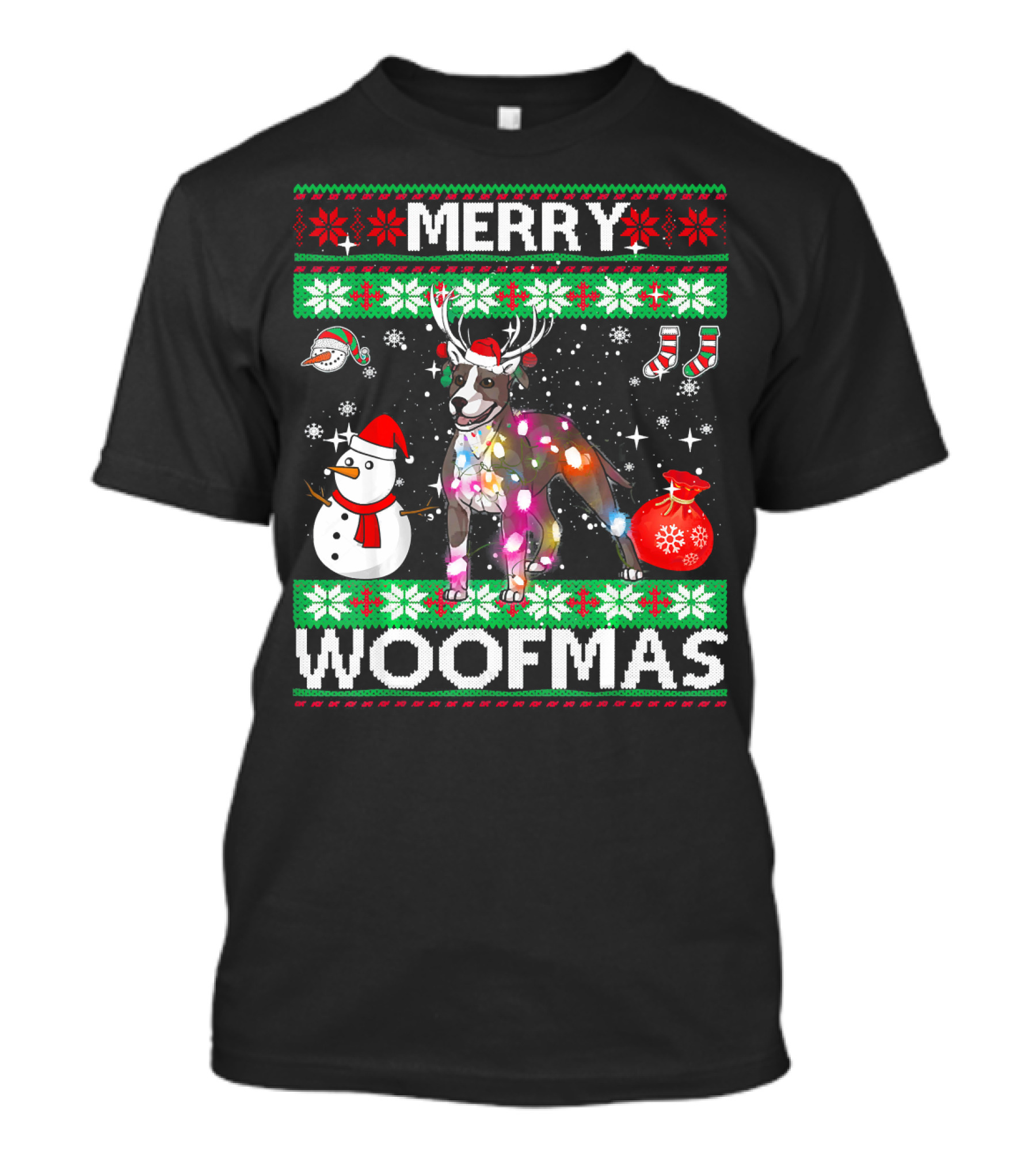 Merry Woofmas American Pit Bull Terrier Christmas Reindeer Snowman Lights T-Shirt