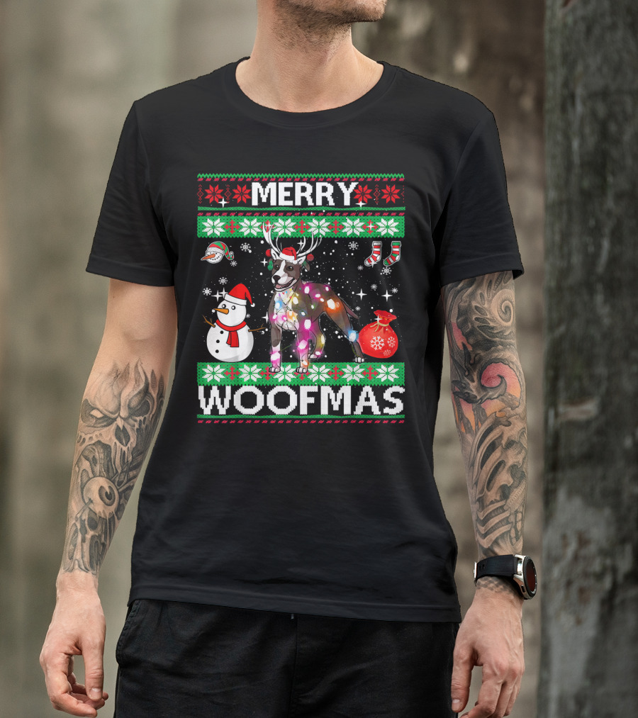 Merry Woofmas American Pit Bull Terrier Christmas Reindeer Snowman Lights T-Shirt