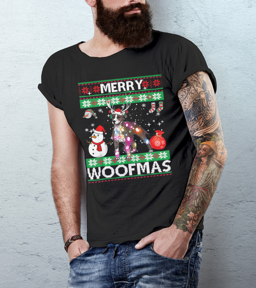 Merry Woofmas American Pit Bull Terrier Christmas Reindeer Snowman Lights T-Shirt