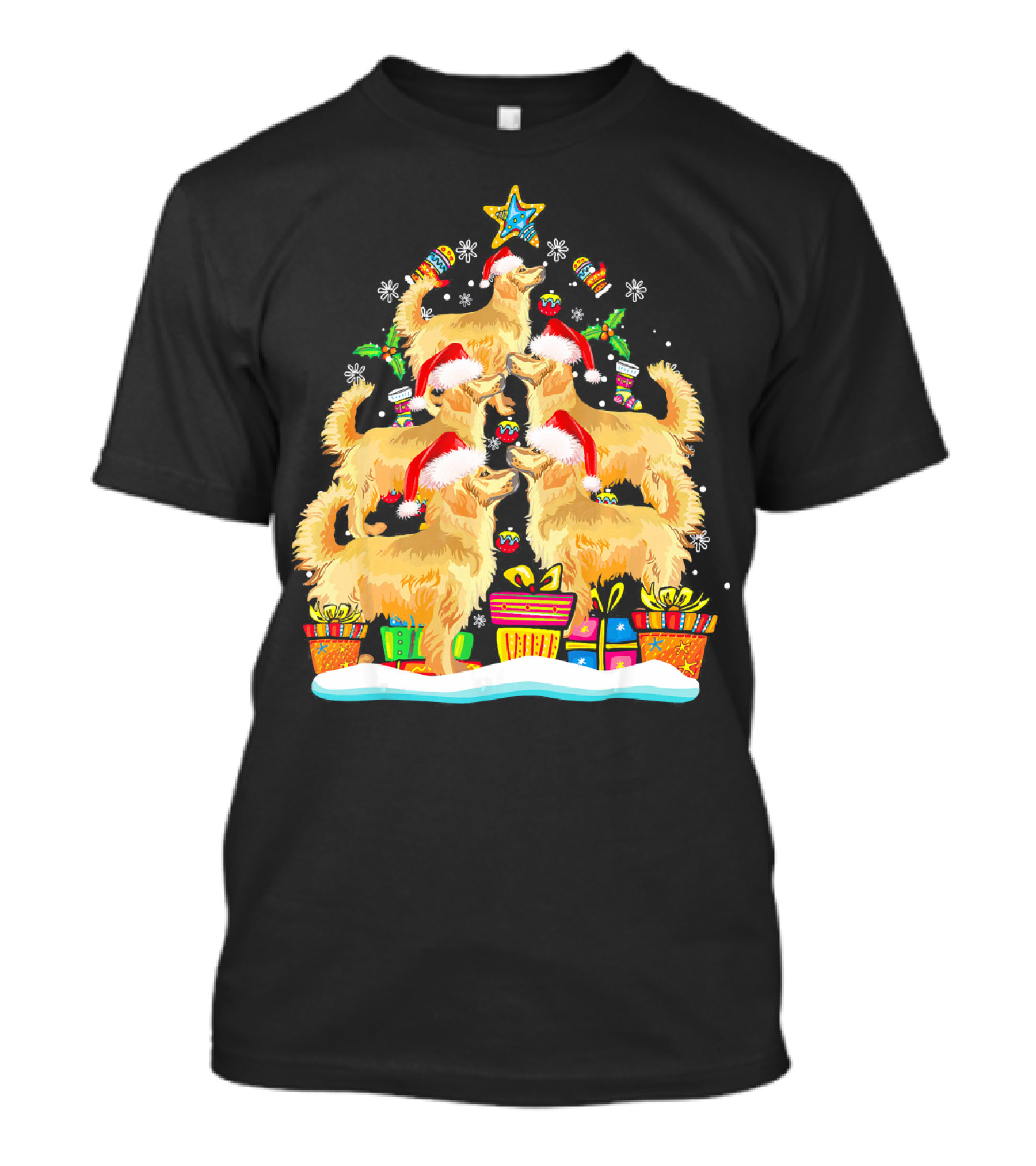 Golden Retriever Santa Hat Decorating Christmas Tree With Presents T-Shirt