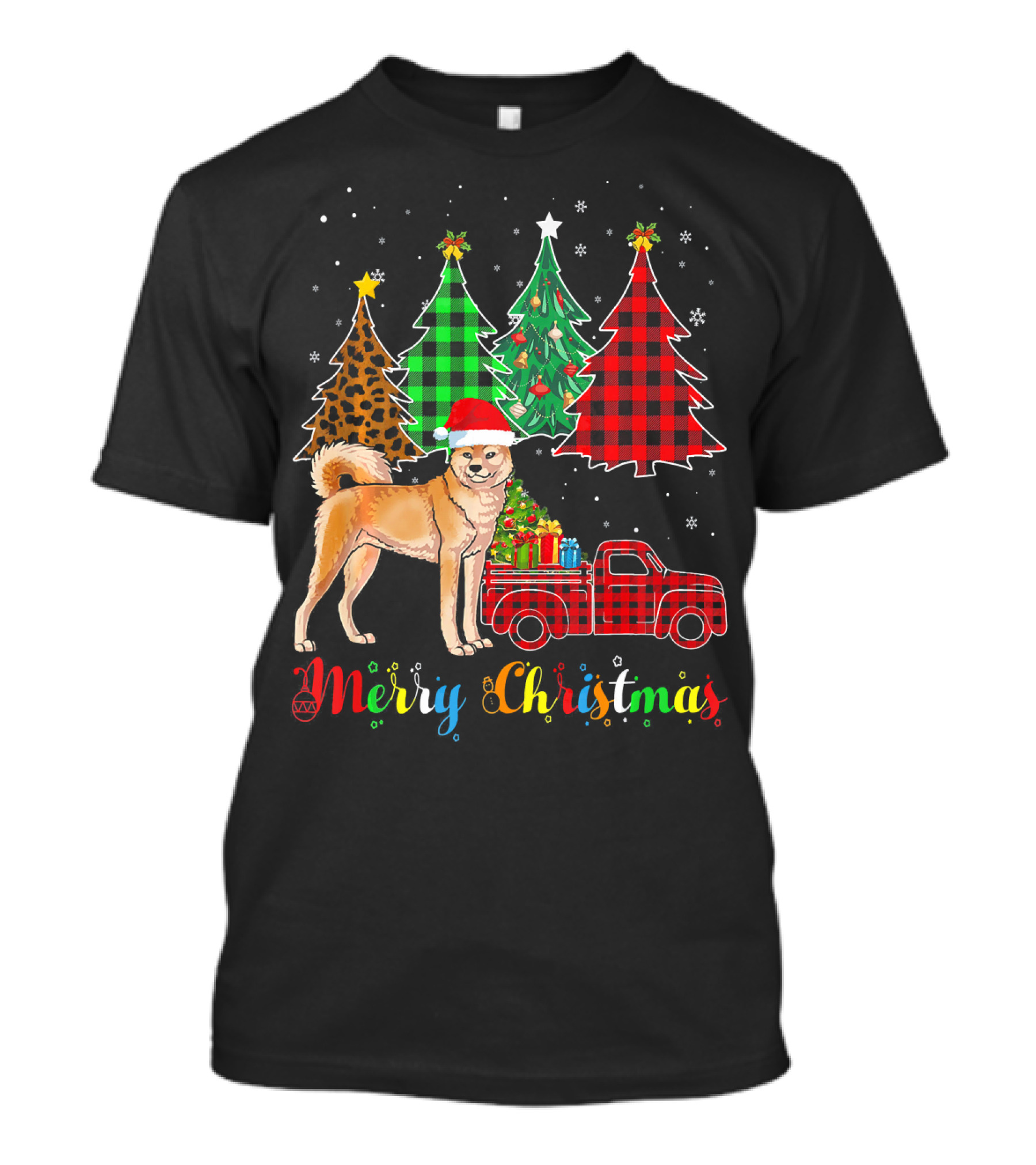 Merry Christmas Akita Red Plaid Truck With Colorful Trees T-Shirt
