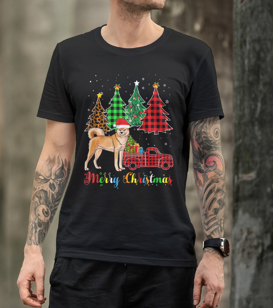 Merry Christmas Akita Red Plaid Truck With Colorful Trees T-Shirt
