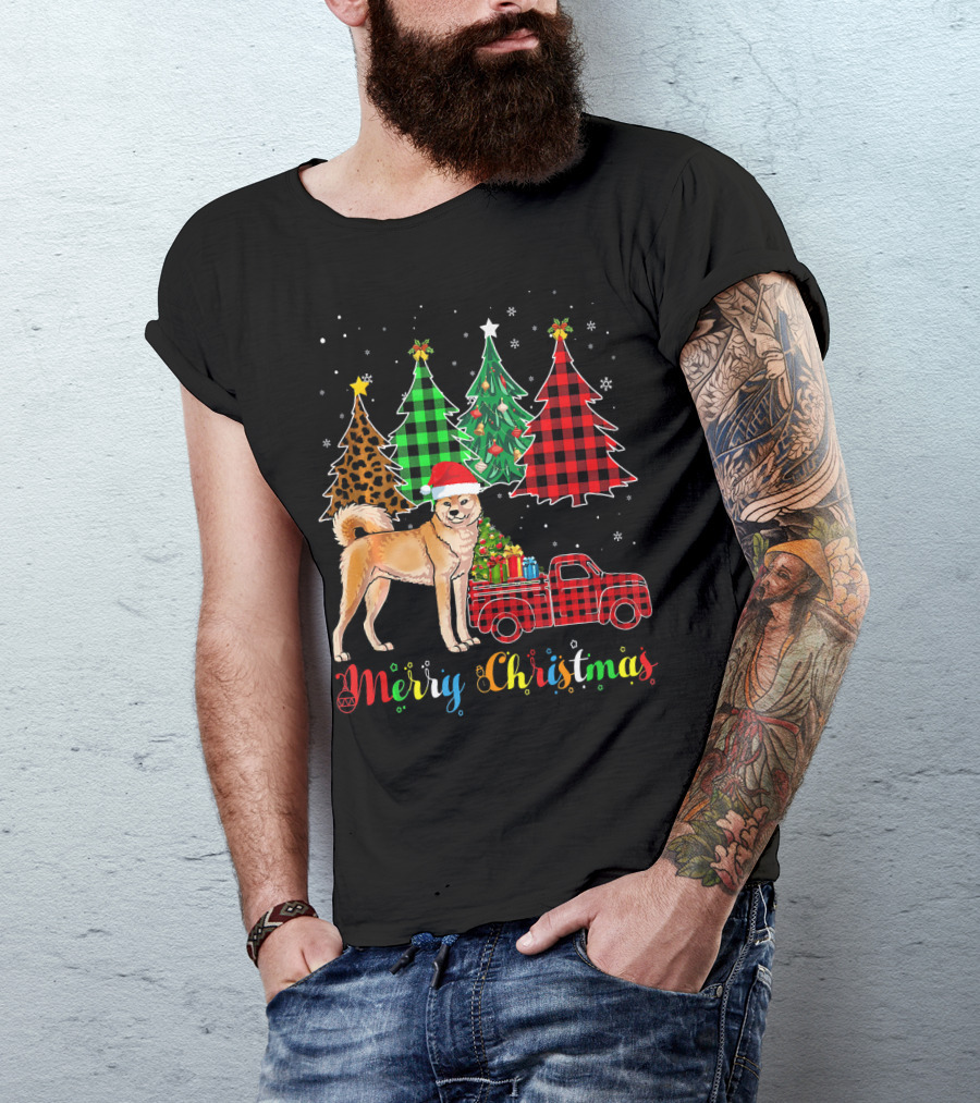 Merry Christmas Akita Red Plaid Truck With Colorful Trees T-Shirt